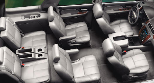 Tahoe LTZ interior in Light Titanium. Shown with front and rear 